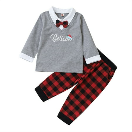 

YJ.GWL Baby Boys Christmas Bow Tie T-Shirts Top Plaids Long Pants Outfits Xmas Sets
