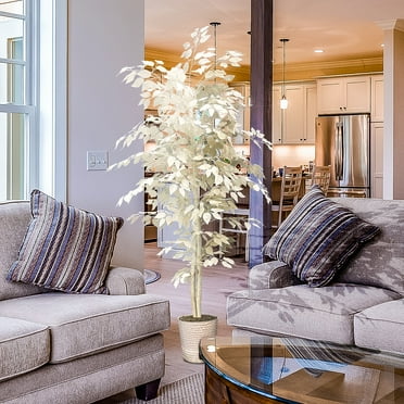 LCG Florals Artificial Tree, White Ficus Designer Tree, 6 ft, White Metal Pot