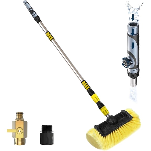 LAANPOLE 12FT Car Wash Brush with Long Handle, Car Cleaning Brush with 12 Inch Soft Bristle and Soap Dispenser, Solar Panels Cleaner with Telescoping Pole for RV, Truck, Boat, House Siding, Yellow