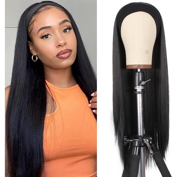 Yanonmyfd 22Inch Yaki Straight Headband Wig for Women Long Black Afro Kinky Straight Wig Headband Synthetic Wigs Glueless Synthetic Wigs None Lace Front Headbands Wigs with Headband Attached