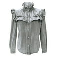 thumbnail image 5 of longantii Retro Denim Shirt Women Casual Ruffe Neck Long Sleeves T-Shirt Loose Fit Elegant Button Up Solid Color Blouse Tops Gray M, 5 of 9