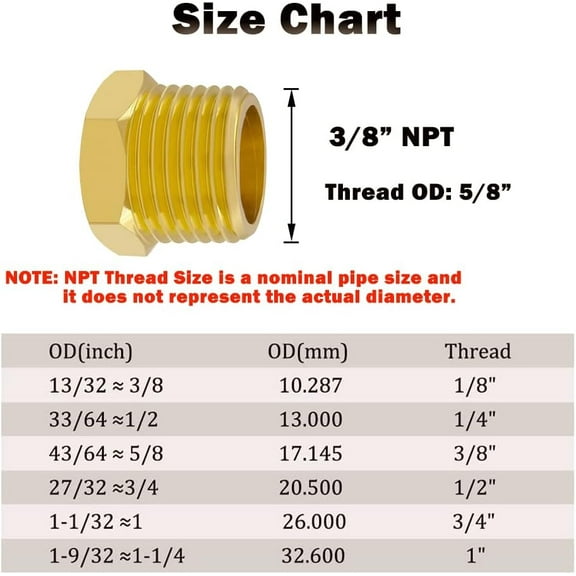 GHRTGR-3/8" NPT Plug Brass Male Outer Hex Head Pipe Fitting, 6 Pack