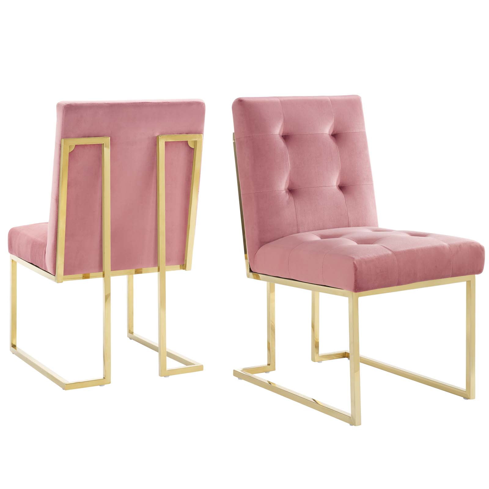 Side Dining Chair, Set of 2, Velvet, Metal Steel, Gold Pink, Modern