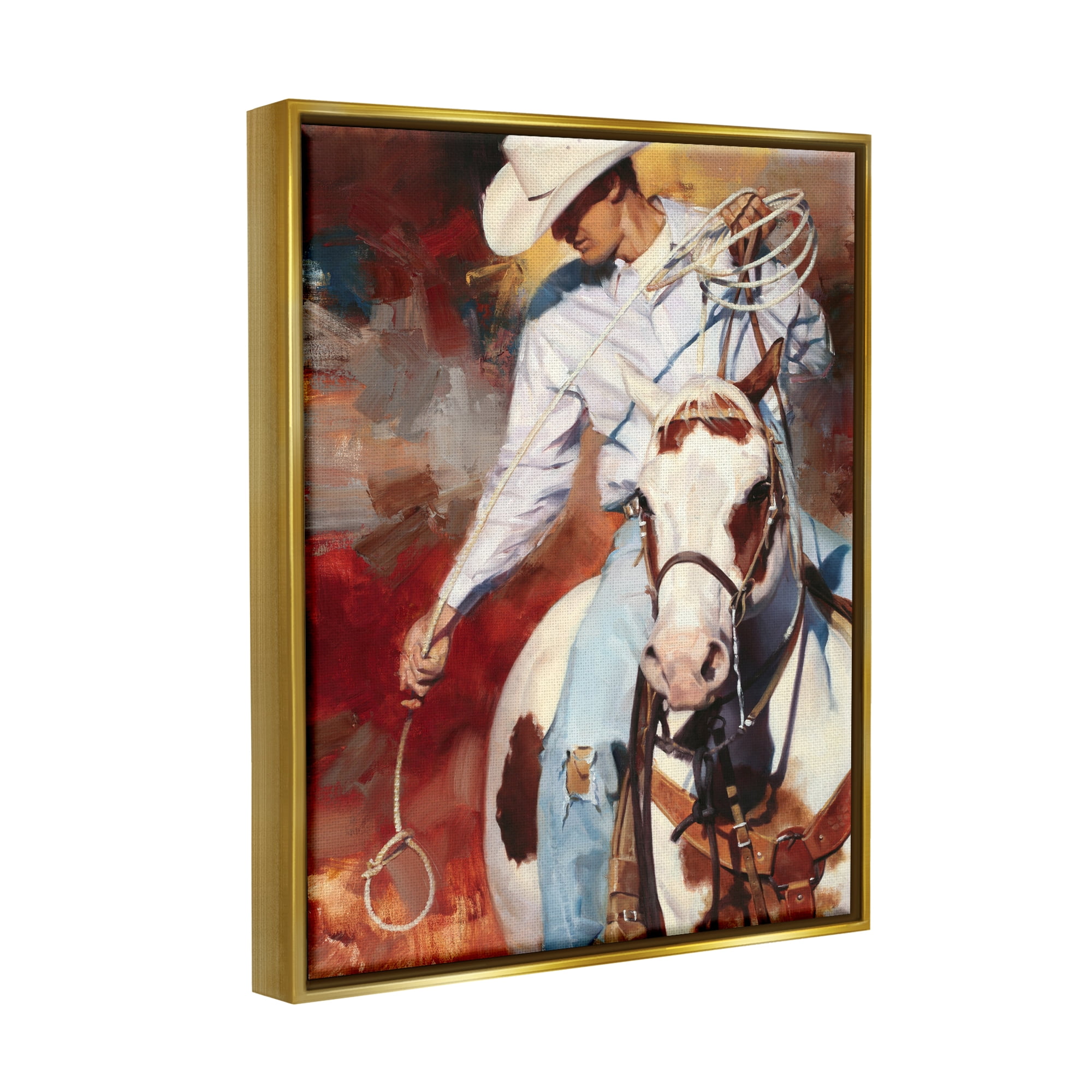 Stupell Industries Cowboy & Lasso Painting Animals & Insects Painting Gold Floater Framed Art Print Wall Art, 17 x 21