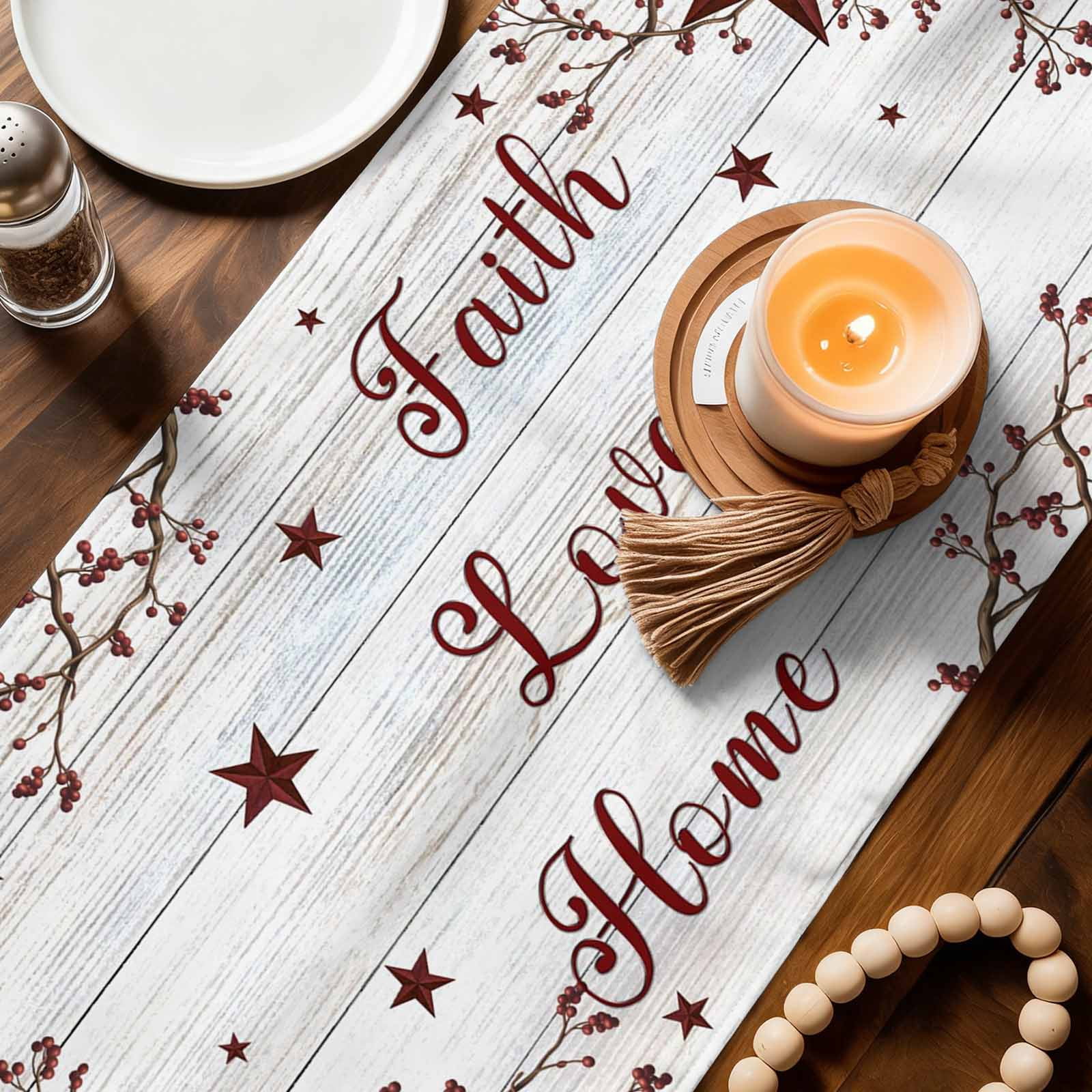 Retro Red Country Stars Table Runner, Faith Love Home Berries White Wood Striped Cotton Linen Kitchen Table Decoration Washable Dining Tabletop Runners for Home Party Decor 18x72 Inches