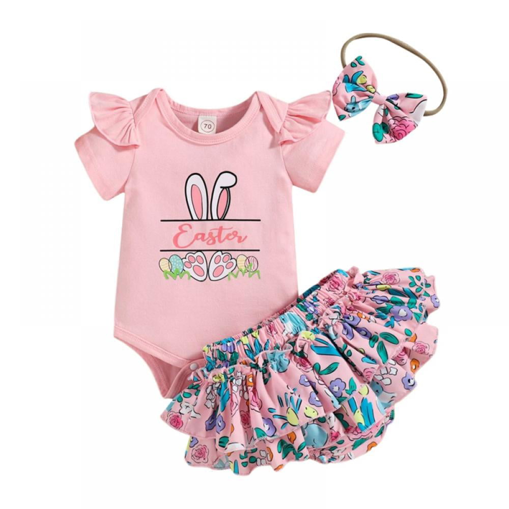 3PC Infant Baby Girl Ruffles Romper Bodysuit+Floral Pants+Headband Outfits Set f 