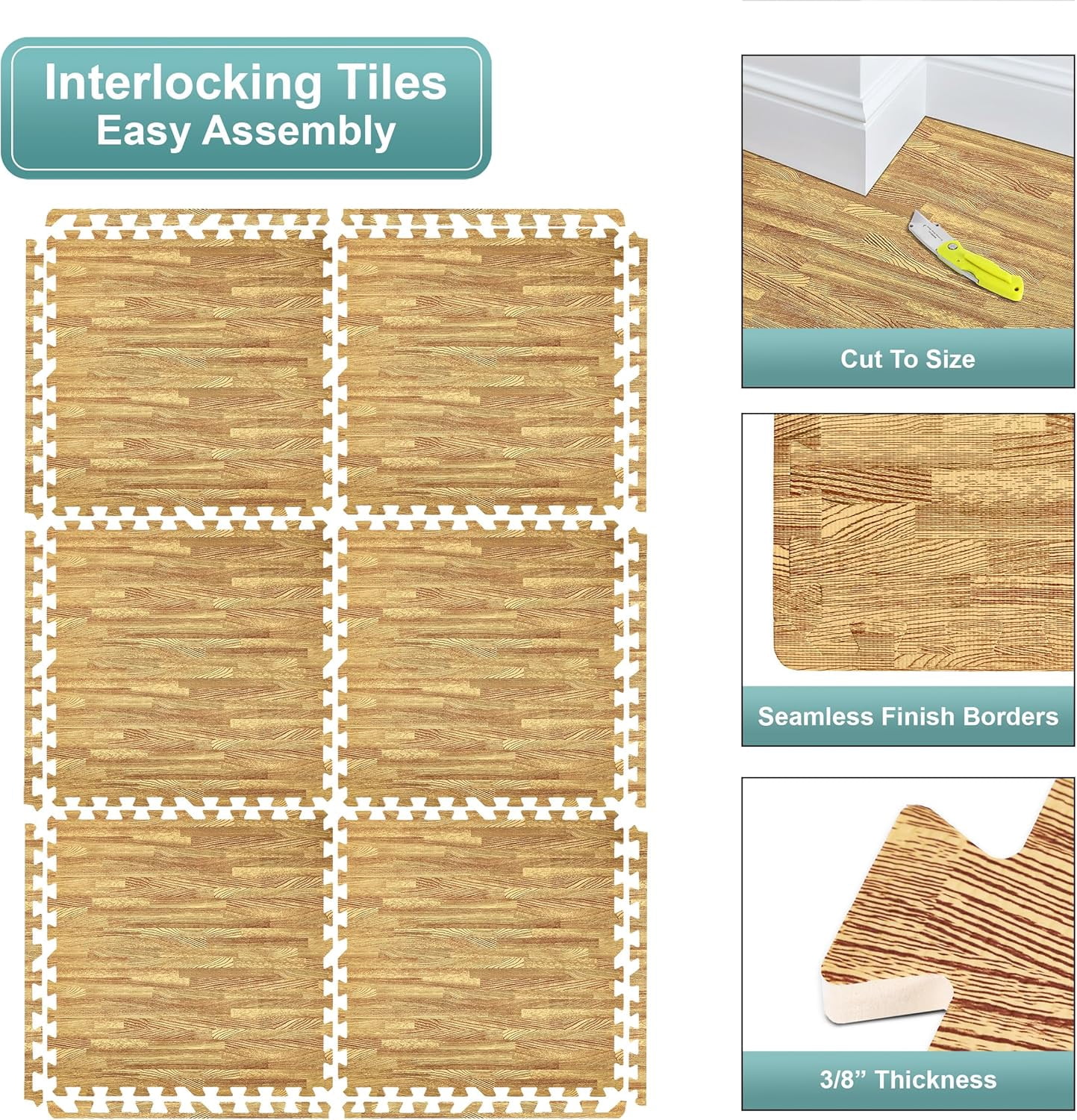 JessieMal Wood Grain Floor Tiles Foam Mat EVA Interlocking Mats Tile 3/8-Inch Thick Flooring Wood Puzzle Exercise Mats w/Borders - Home Playroom Basement, Apartment, Trade Show, Baby, Dance