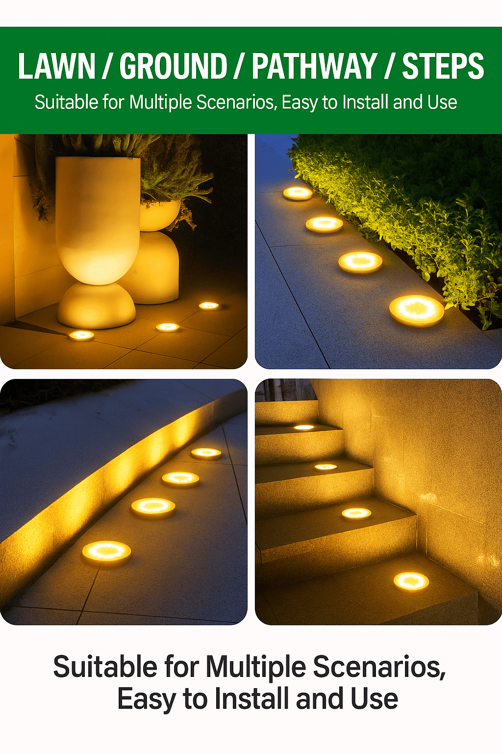JT Morolux Solar Ground Lights- 8 pack, LED Disk Lights, White, Waterproof Outdoor Path Lights for Garden, Lawn, Walkway, Driveway（Warm White）