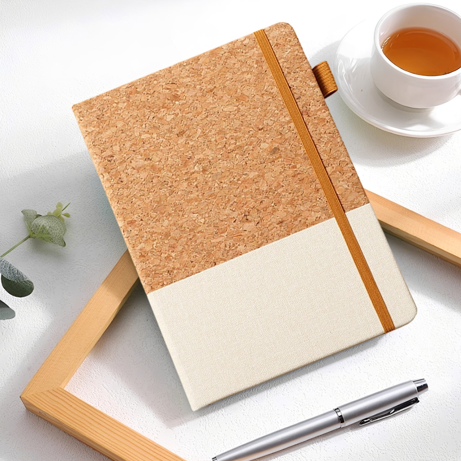 VKLU 1Pc Beige 8.5" x 5.7" Cork and Faux Leather Patchwork Journal, Professional Hardcover Notebook with Elastic Band