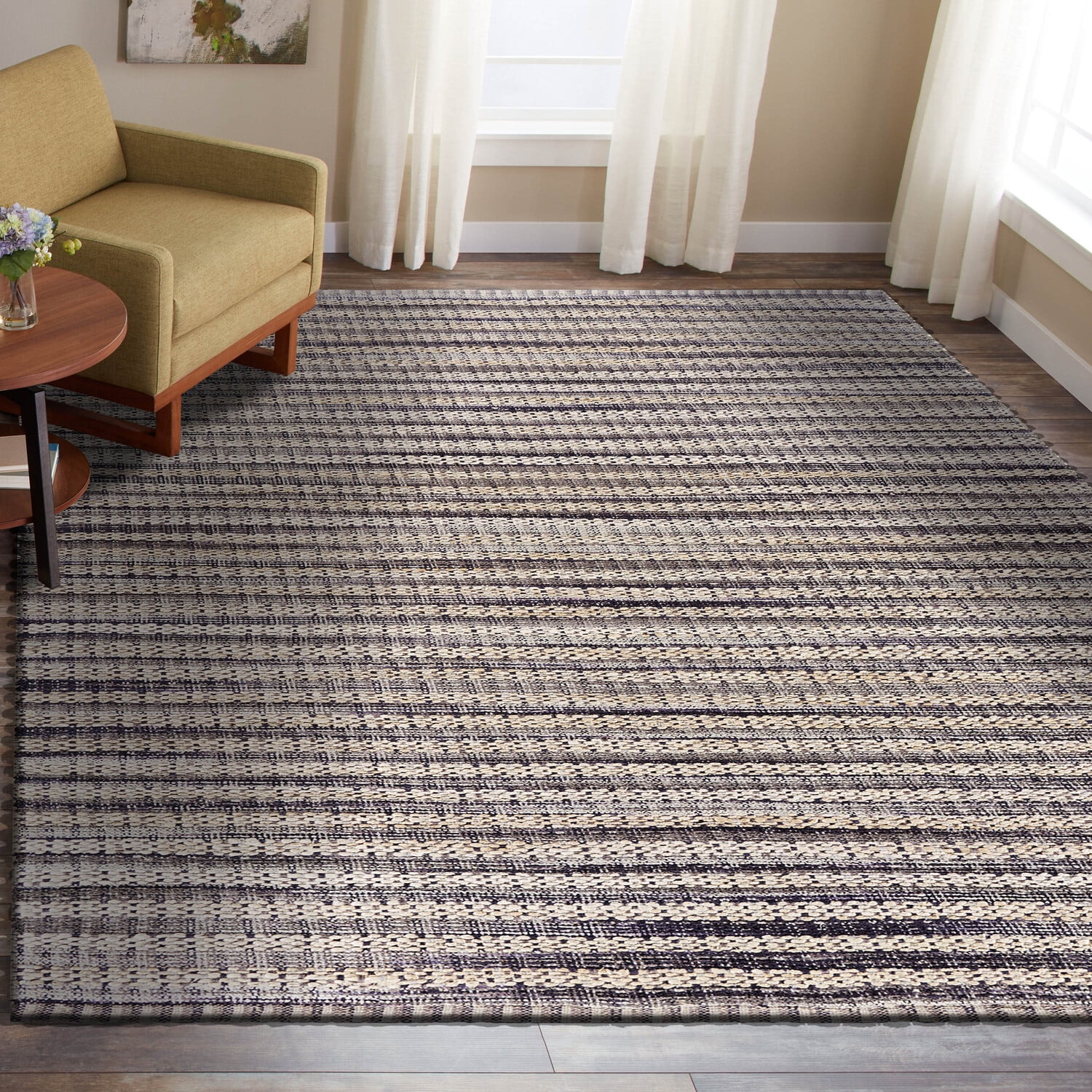 LR Home Blessy Drea Bleach & Brown Transitional Striped Jute Blend Area Rug, 9' x 12'