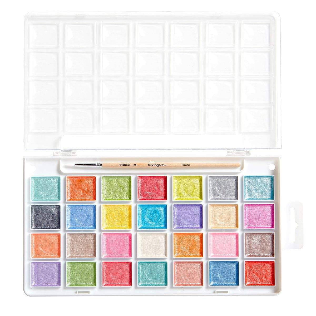 KINGART Watercolor Half-Pan Set, Pearlescent Colors, 28 Unique Shades & Paint Brush