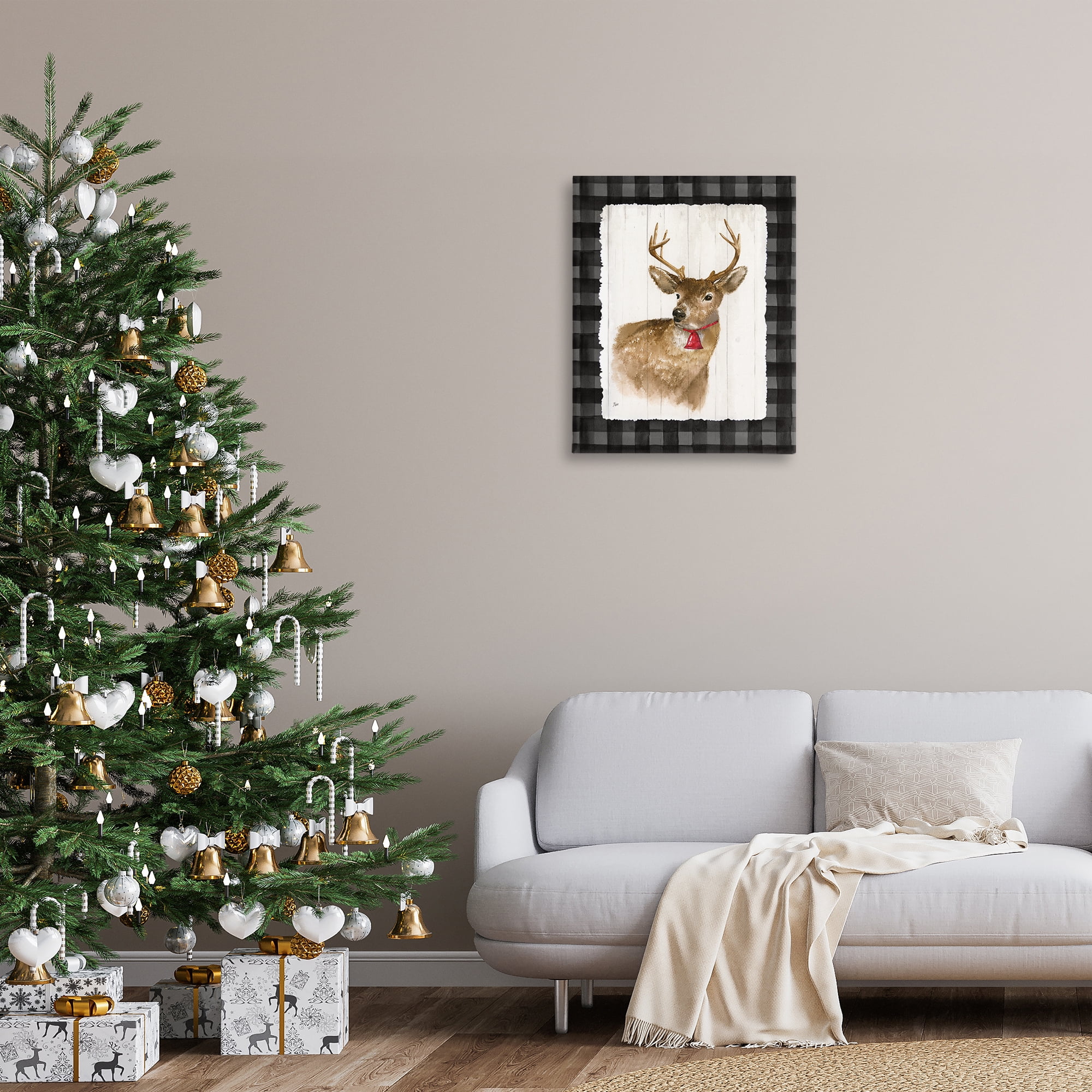Stupell Industries Deer with Red Bell Animals & Insects Painting Gallery Wrapped Canvas Art Prints Wall Art, 24 x 30