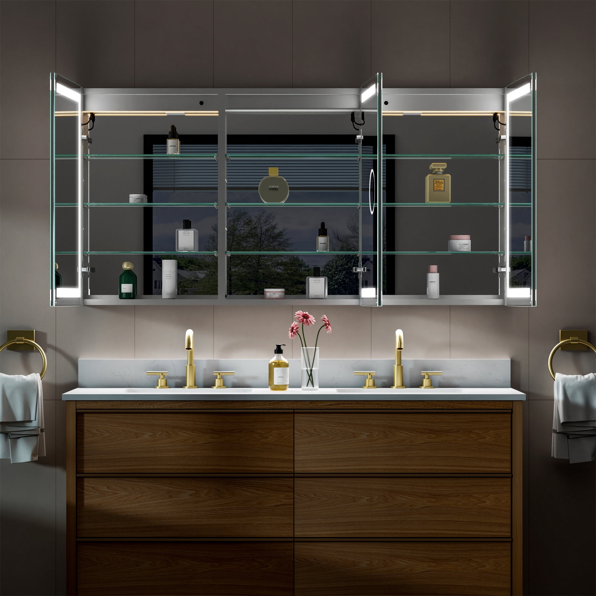 ANGELES HOME 60"x30"LED Medicine Cabinet with Lights, Medicine Cabinet with HD Mirror, Surface or Recessed, Anti-Fog, Dimmable, Memory Function, Outlets & USB, Three Opening Doors