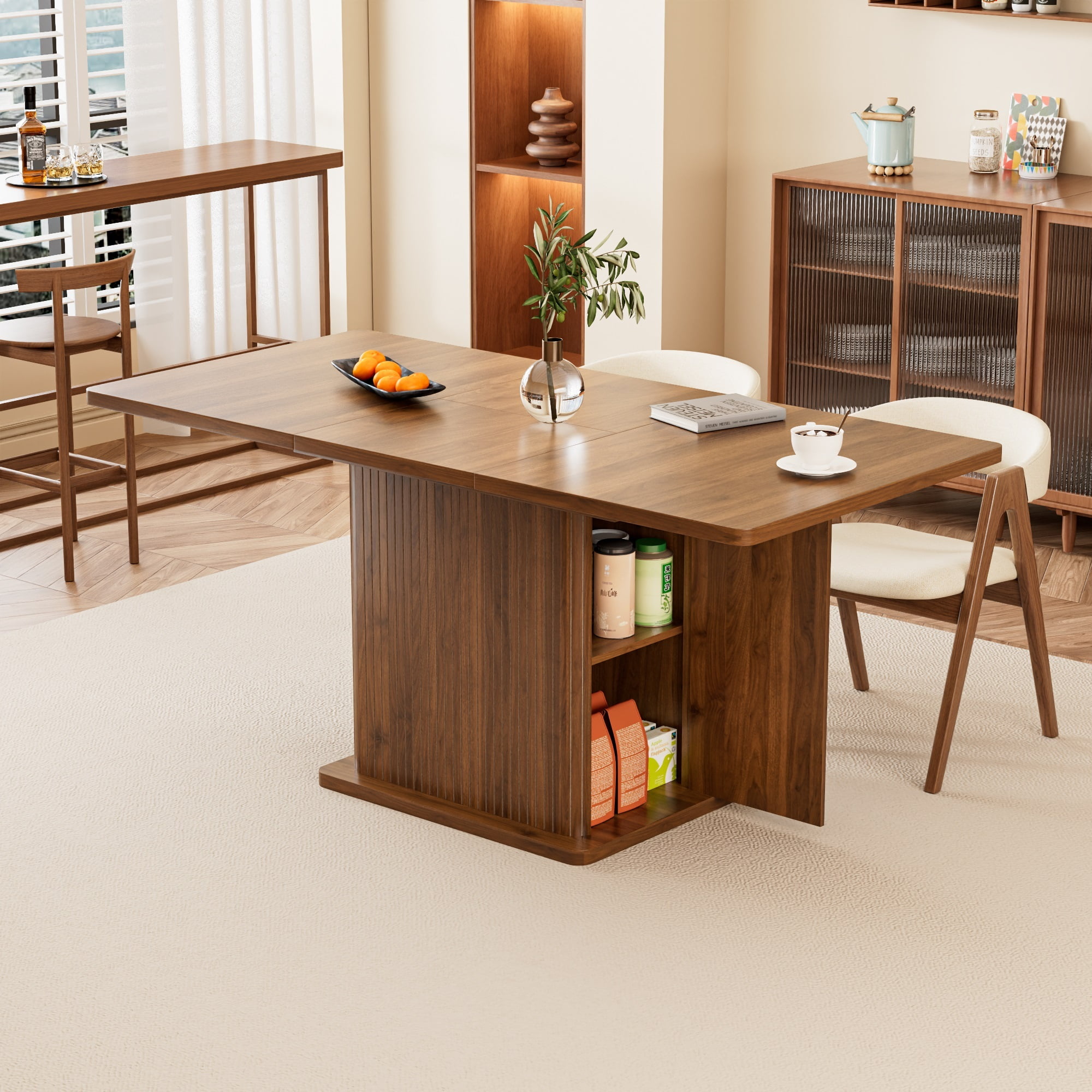Extendable Dining Table for 4-8, Rectangle Dining Room Table with Storage, Modern Kitchen Table for Dinner, Living Room, Walnut