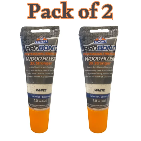 Elmer's ProBond Wood Filler, White, 3.25 oz – Interior/Exterior Use, Professional Strength, 3X Stronger, Paintable & Sandable pack of 2