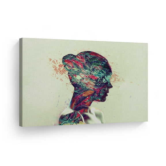 Smile Art Design Woman Portrait Canvas Print Colorful Illustration Brainstorming Digital Painting Artwork Balack and White Blue Home Decor Framed and Ready to Hang- %100 Made in the USA - 11x17