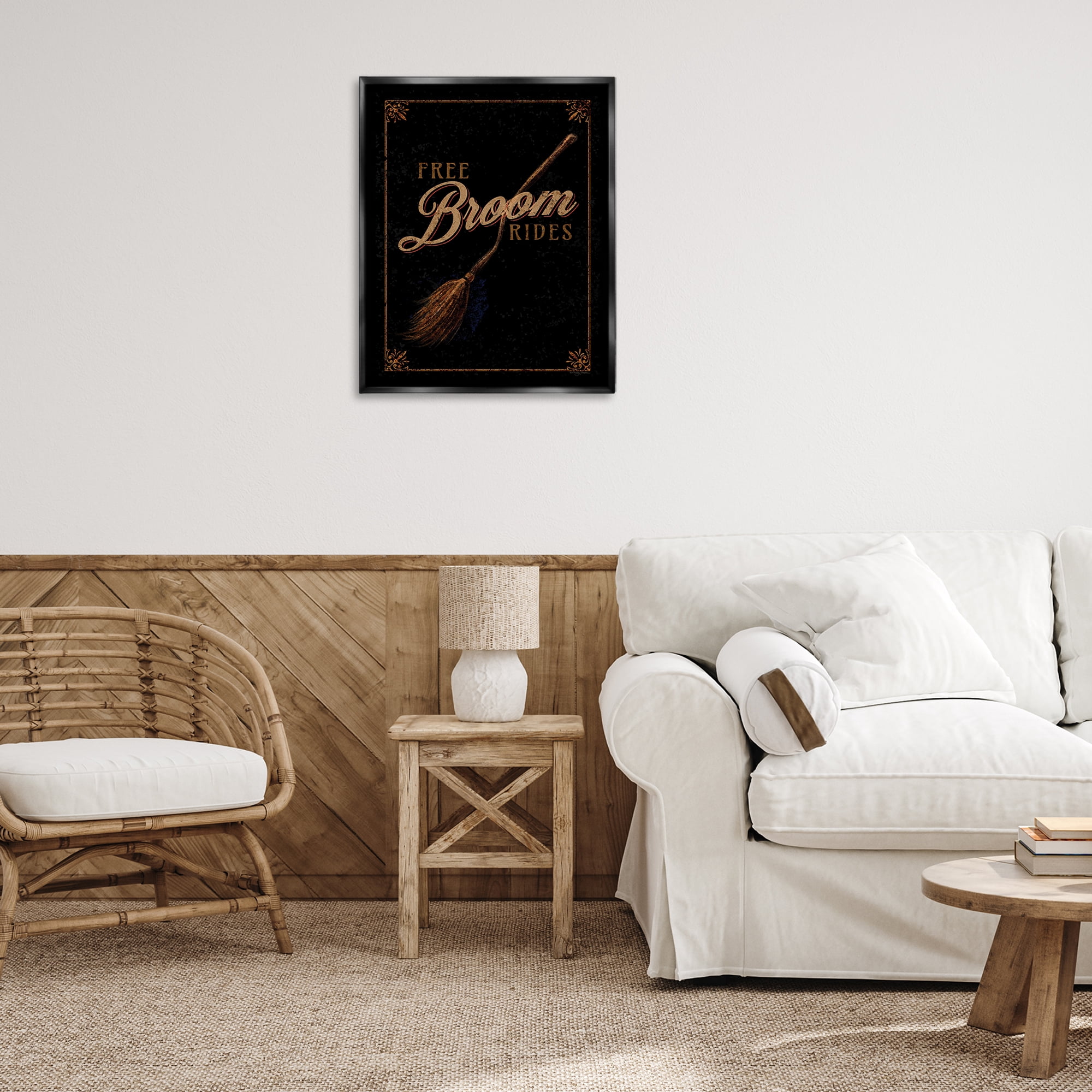 Stupell Industries Rustic Free Broom Rides Holiday Painting Black Floater Framed Art Print Wall Art, 25 x 31