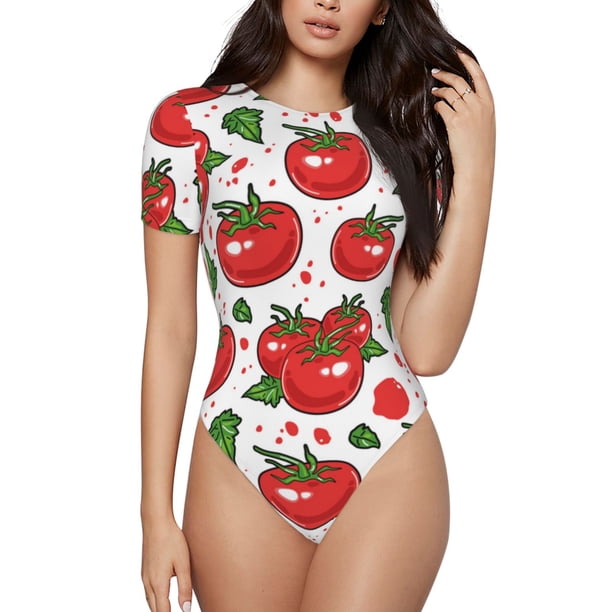 Fotbe Hand Drawn Tomatoes Body de Mujer con Cuello Redondo y Mangas Cortas, Sin Mangas Ajustado, Suave, Cómodo y Básico-XX-Large