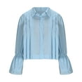 thumbnail image 4 of Lenpel Button down Shirts for Women Ruffle Long Sleeve Collared Pleated Cotton Linen Tops Dressy Casual Blouses(Light Blue,X-Large), 4 of 6