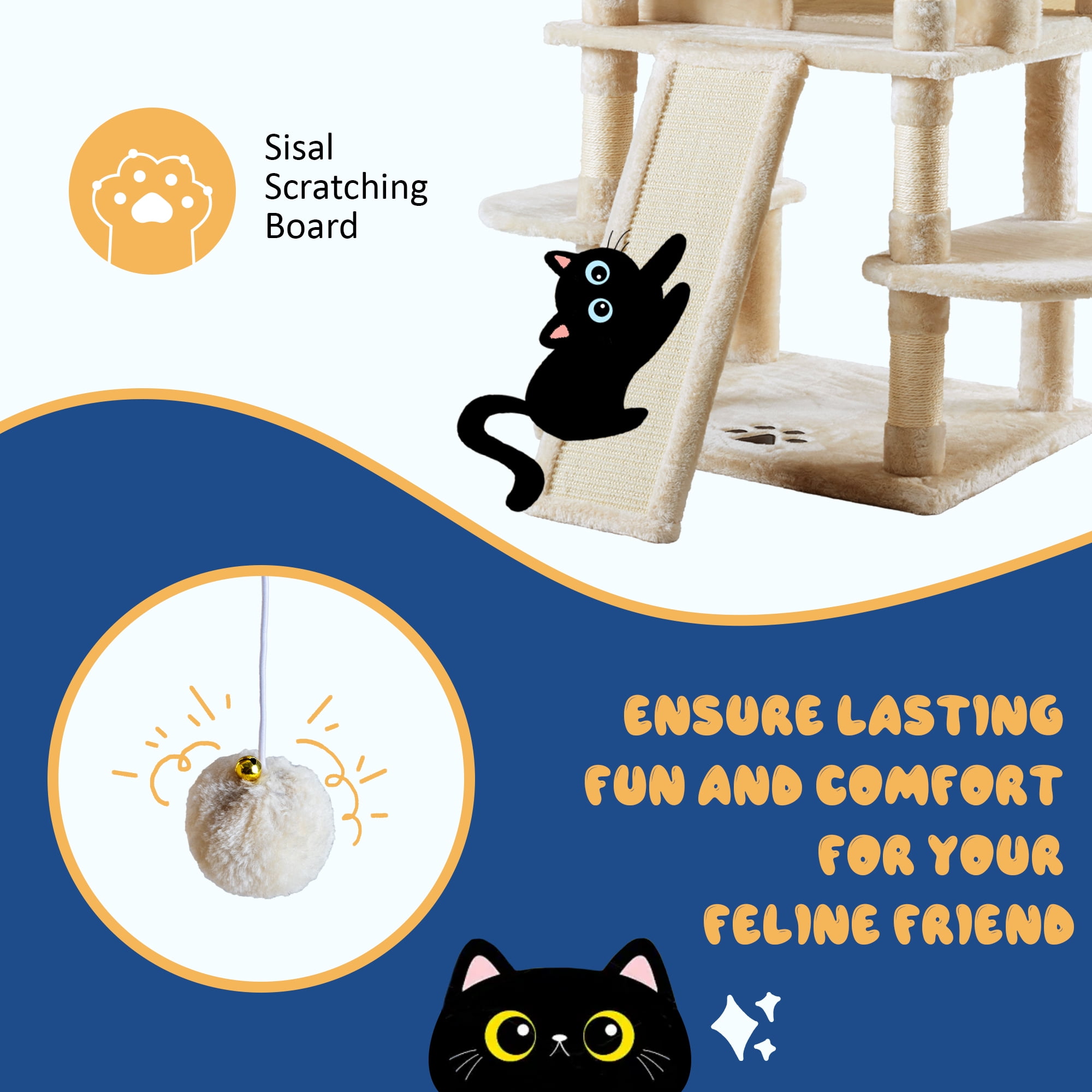 Allewie 68" Multi-Level Large Cat Tree and Tower with Cat Condo House, Scratching Posts & Board, Beige