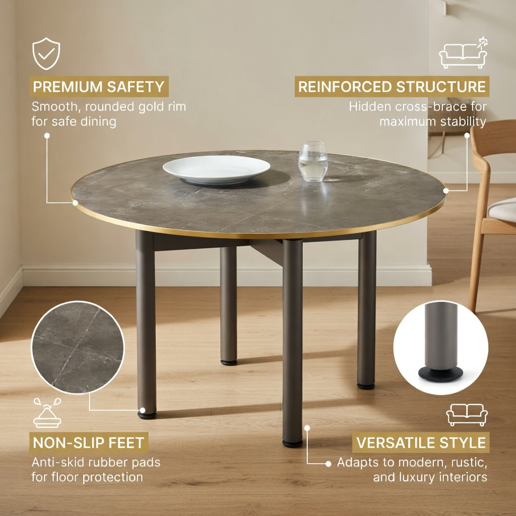Hommoo Modern Round Bistro Table, 23.6" Faux Gray Marble Top with Gold Stainless Steel Edge Banding & Pedestal Base, High-Gloss UV-Coated MDF Accent Table, Dark Gray & Gold