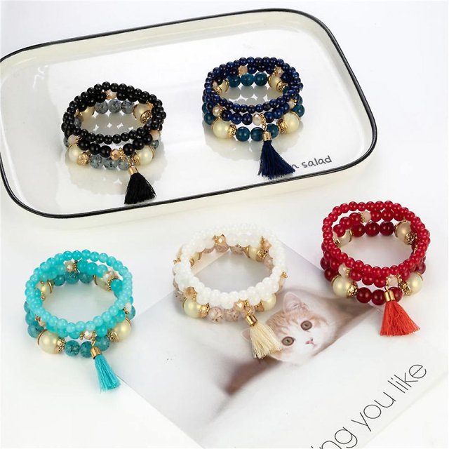 5 juegos de cuentas bohemias a mano, pulsera multicapa con flecos, pulseras elásticas, joyería para mujer Feliz Sencillez