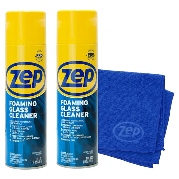 Zep Foaming Glass Cleaner 19 oz and Blue Microfiber Rag Ammonia-Free Streak-Free Glass Cleaner for Windows Mirrors and Auto Glass