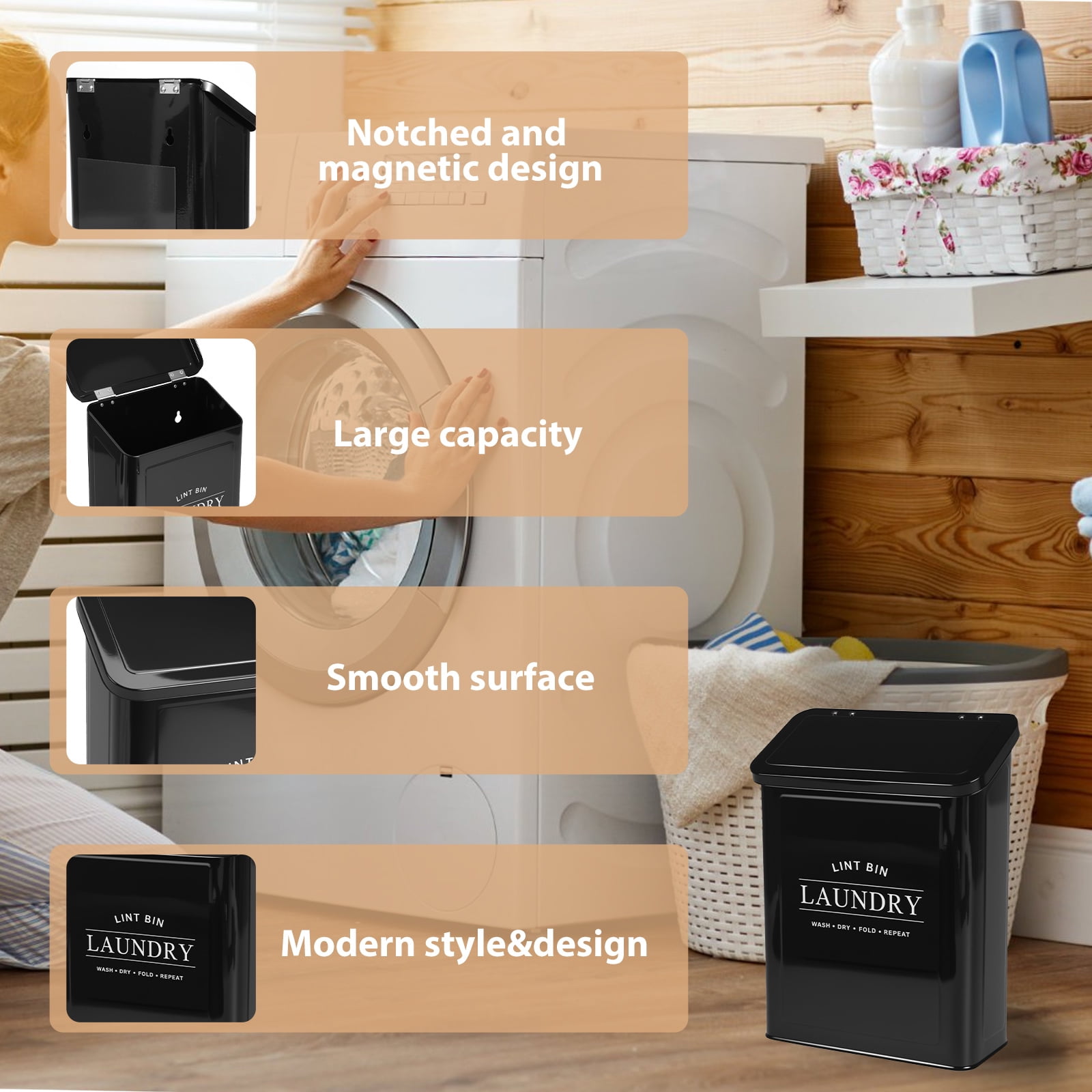 FUYGRCJ Magnetic Lint Bin for Laundry Room, Laundry Dryer Lint Bin, Metal Lint Container with Lid and Lint Brush, Wall Mounted Lint Holder Box for Dryer, Space-Saving Laundry Metal Trash Can