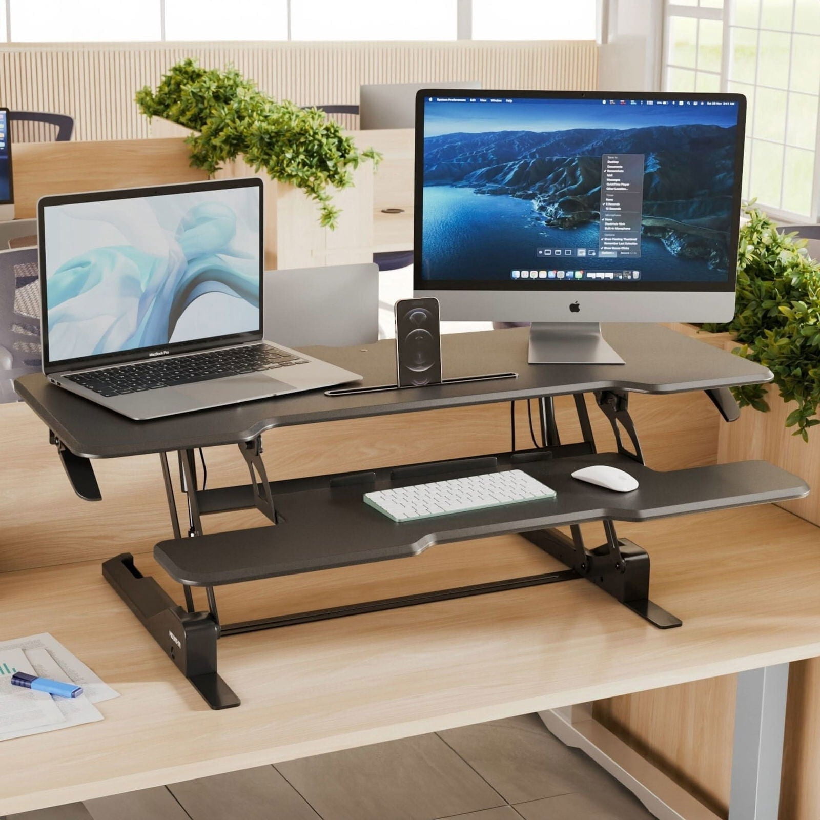 47 Inch Large Standing Desk Converter – Extra Wide Sit Stand Riser with Keyboard Tray, Dual Monitor Space, Gas Spring Height Adjustable – Ergonomic Desktop Workstation for Home or Office