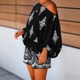 thumbnail image 2 of Morttic Women's Vintage Print 2 Piece Set – Off-Shoulder Batwing Sleeve Top & High Waist Shorts Boho Summer Vacation Outfit Black，XXL, 2 of 5