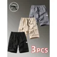 thumbnail image 4 of 3-Pack Men'S Casual Waist-Tie Loose-Fit Sports Cargo Shorts, Solid Color, Polyester 100%, Non-Stretch Fabric, Woven, with Pockets, Regular Fit for Outdoor Activities, 4 of 5