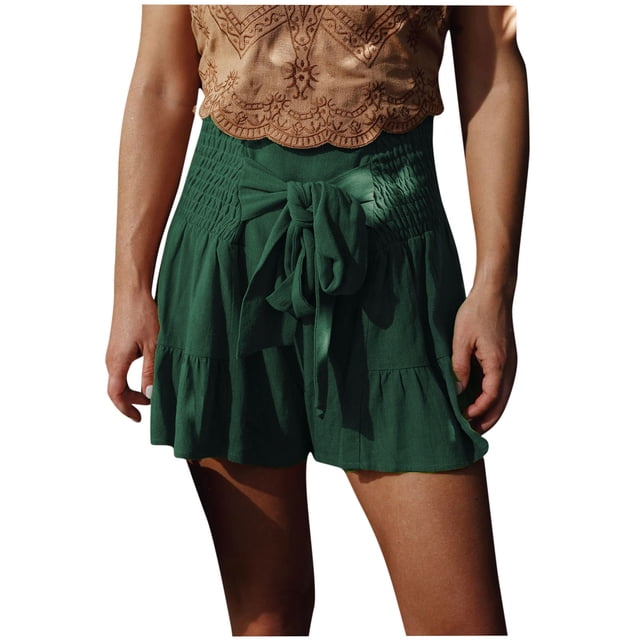 Timegard Cotton Linen Shorts for Women Elastic High Waisted Drawstring Smocked Flowy Beachwear Shorts