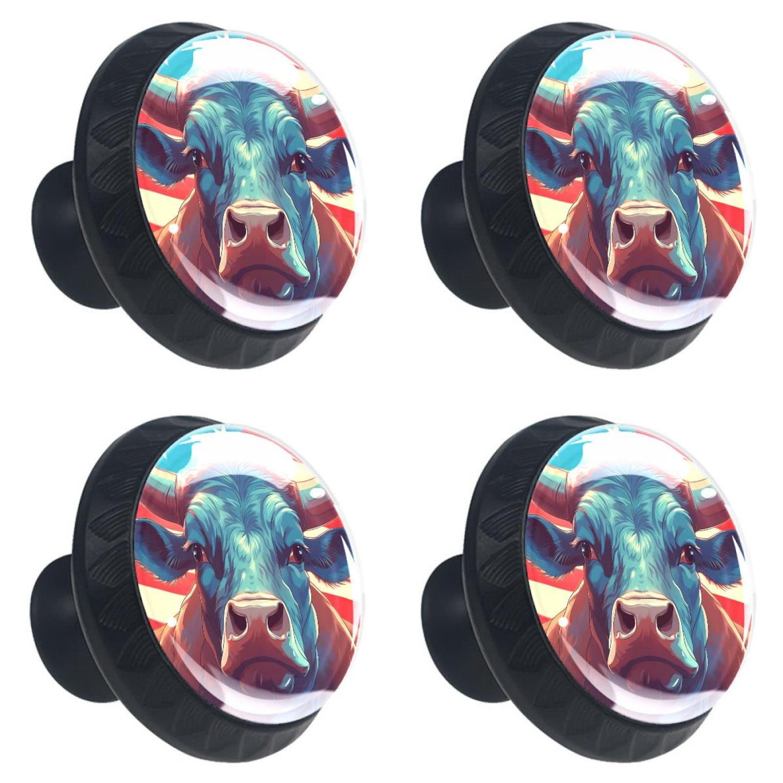 4 Pcs Cow American Flag Knobs for Kitchen Cabinet Cupboard Dresser Bookcase Drawer Pulls Handles Round Home Decor