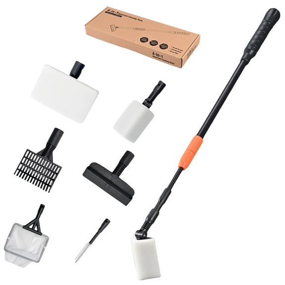 Katieovy 6 in 1 Fish Tank Cleaning Kit,Aquarium Cleaning Tool Kit with Telescopic Long Handle Algae Scraper Sponge Pad Pipe Brush Grit Rake Fish Net