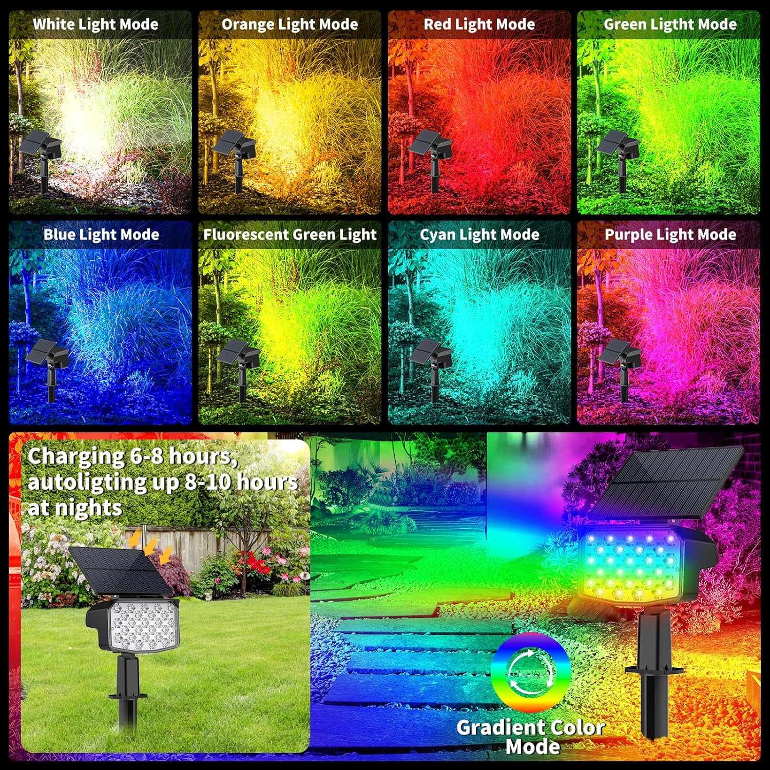Solar Lights RGB Outdoor, 2 Pack RGB Landscape Solar Spotlights with 9 Modes, Waterproof for Garden, Yard, Driveway, Patio Decor