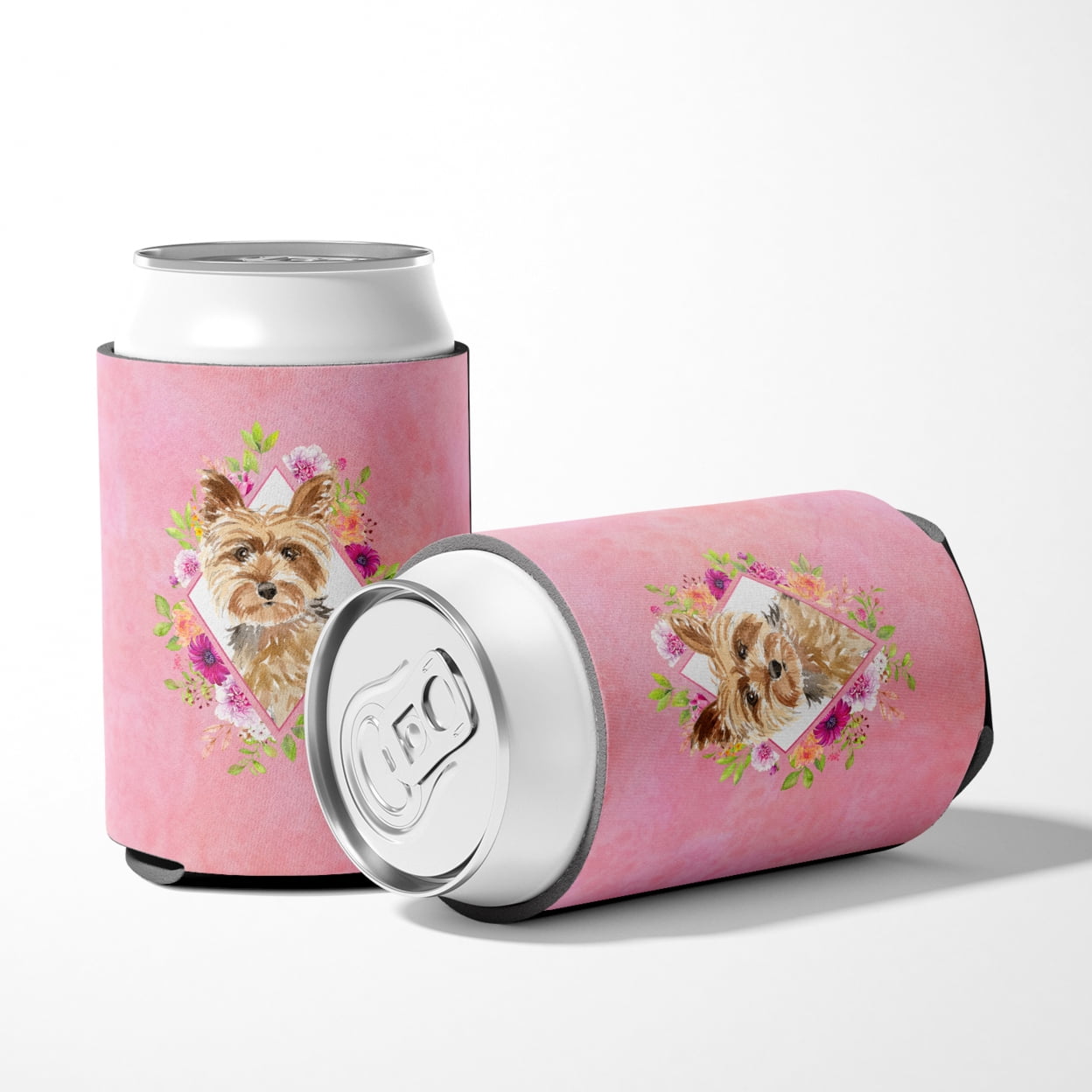 Yorkie Pink Flowers Can or Bottle Hugger