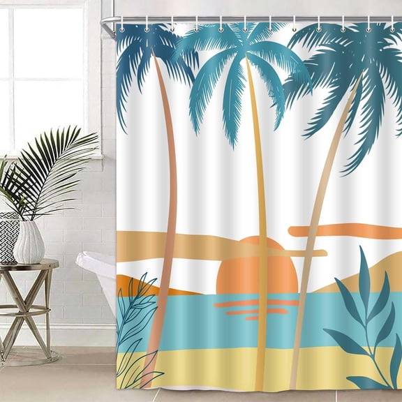 Tropical Palm Tree Shower Curtain Sunset Beach Bathroom Decor Waterproof Fabric 71x71 inches