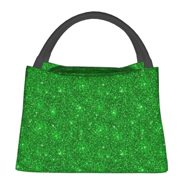 Easygdp Green Glitter Bolsa de Almuerzo Insulada Reutilizable, Bolsa de Mano y Bandolera para Oficina, Trabajo, Viajes