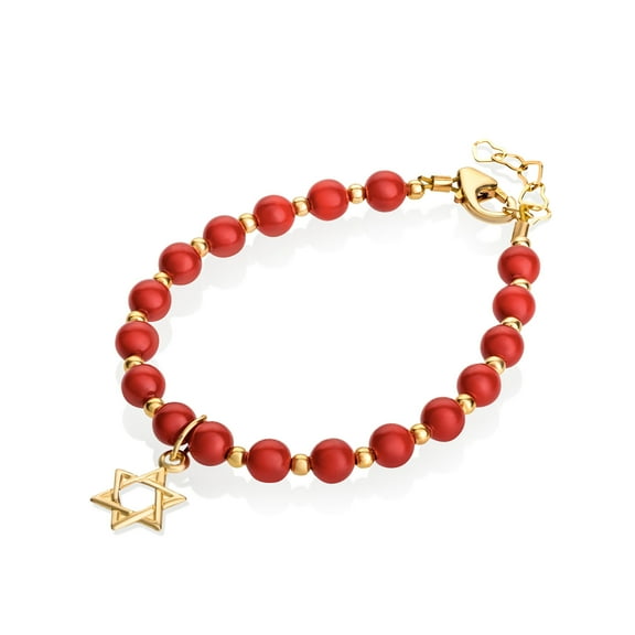 Red Coral Gem Beads with 18kt Gold filled  Star of David Bracelet (BGRD)