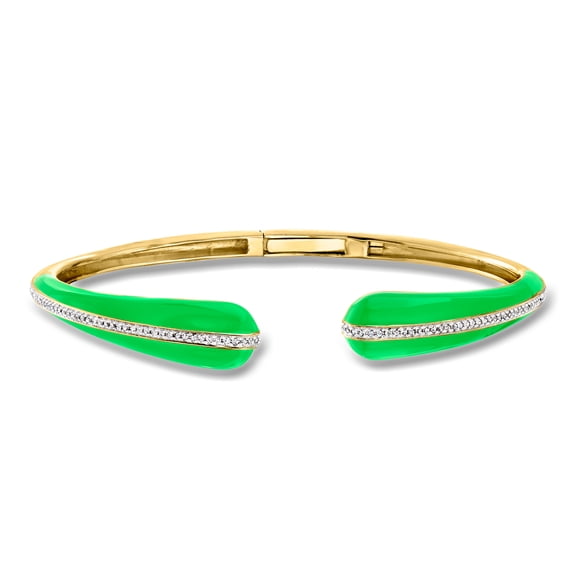 Ross-Simons Green Enamel and .20 ct. t.w. Diamond Cuff Bracelet in 18kt Gold Over Sterling, Women's, Adult