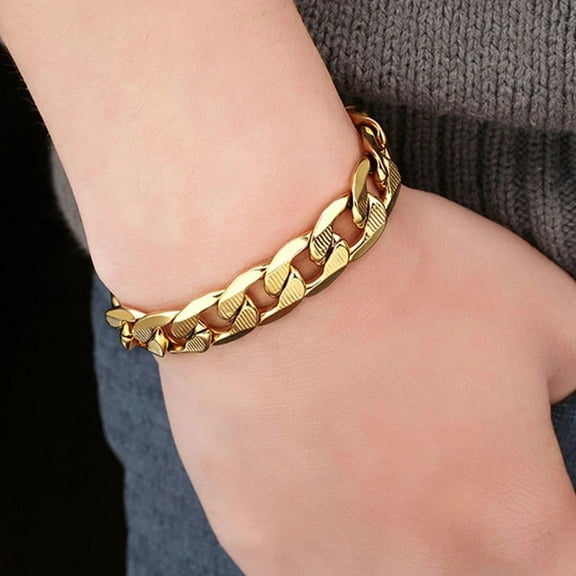 12mm Bracelets for Men Boys 14K Yellow Gold Cuban Link Chain Bracelet Homme Jewelry Gift