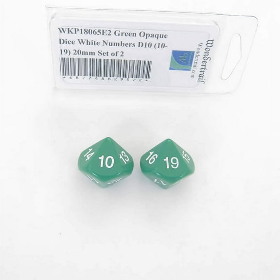 Green Opaque Dice with White Numbers D10 (10-19) 20mm (25/32in) Set of 2 Wondertrail