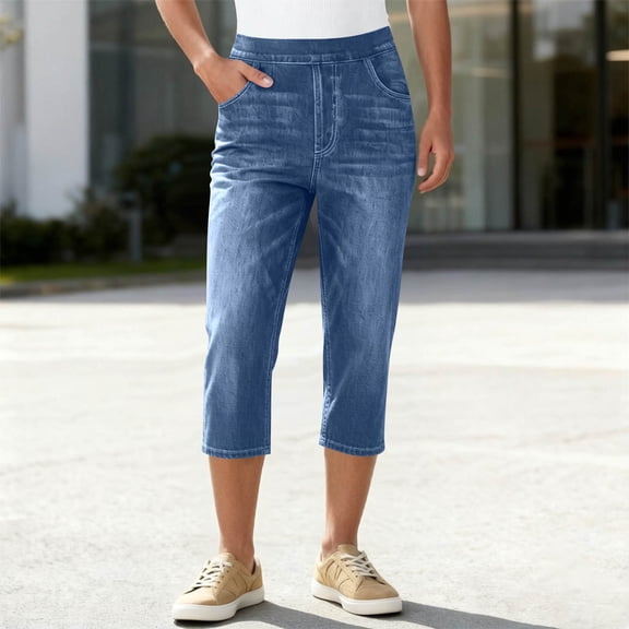 Abomasnow Capri Jeans for Women Casual High Waist Stretchy Denim Pants Slim Fit Straight Leg Wash Jeans