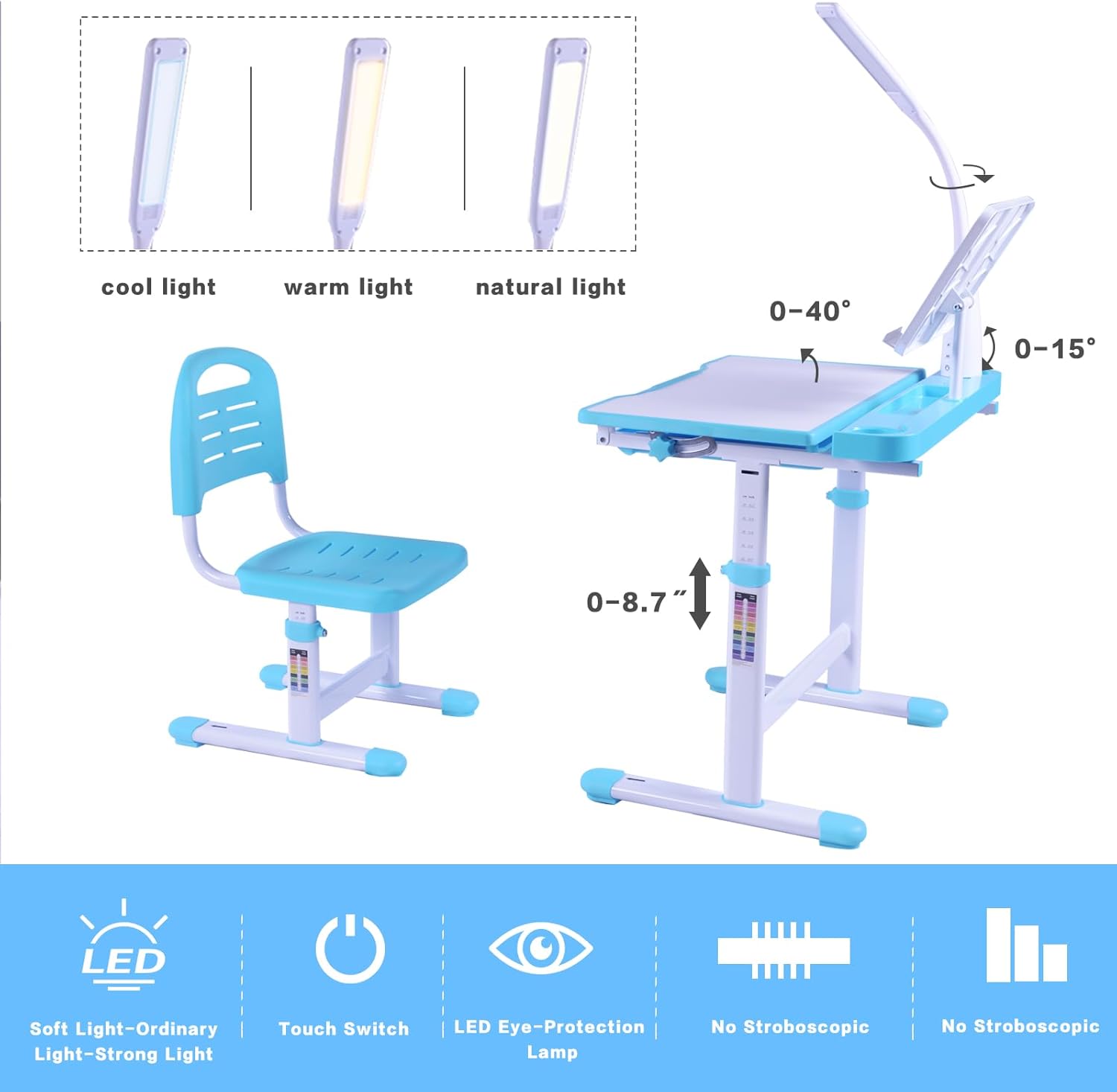 Desk for Kids Desk and Chair Set Kids Art Desk Drafting Table Desk Set with Adjustable Height, 40-Degree Tiltable Children Desktop, LED Light, Bookstand, Blue