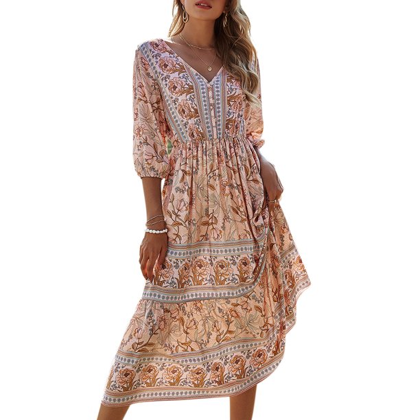 Txlixc Ladies Temperament High Waist A-line Falda, Mujer Summer Bohemian Style Estampado floral V-cuello Media manga Beach Long Dress Txlixc Moda