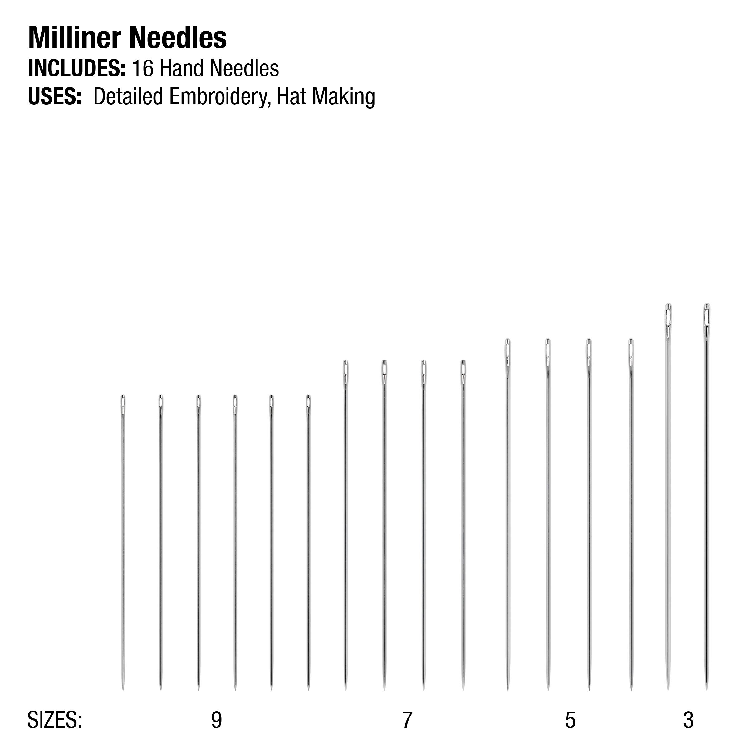 (3 pack) SINGER Milliner Steel Hand-Sewing Needles, Sizes 3/9, 16 Pieces