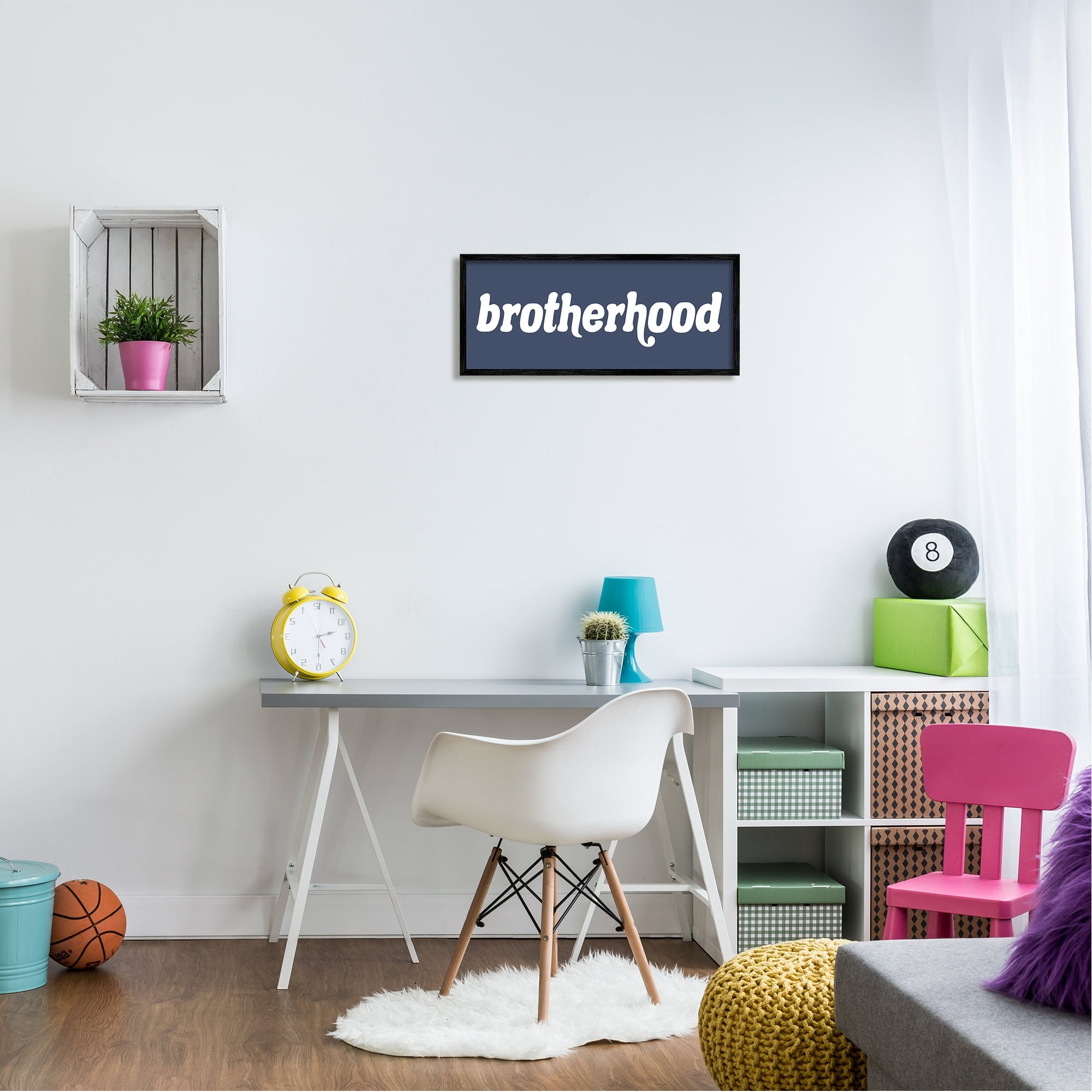 Stupell Industries Brotherhood Typography Text Blue Text Sign White Accent Framed Wall Art, 30 x 13, Design by Daphne Polselli