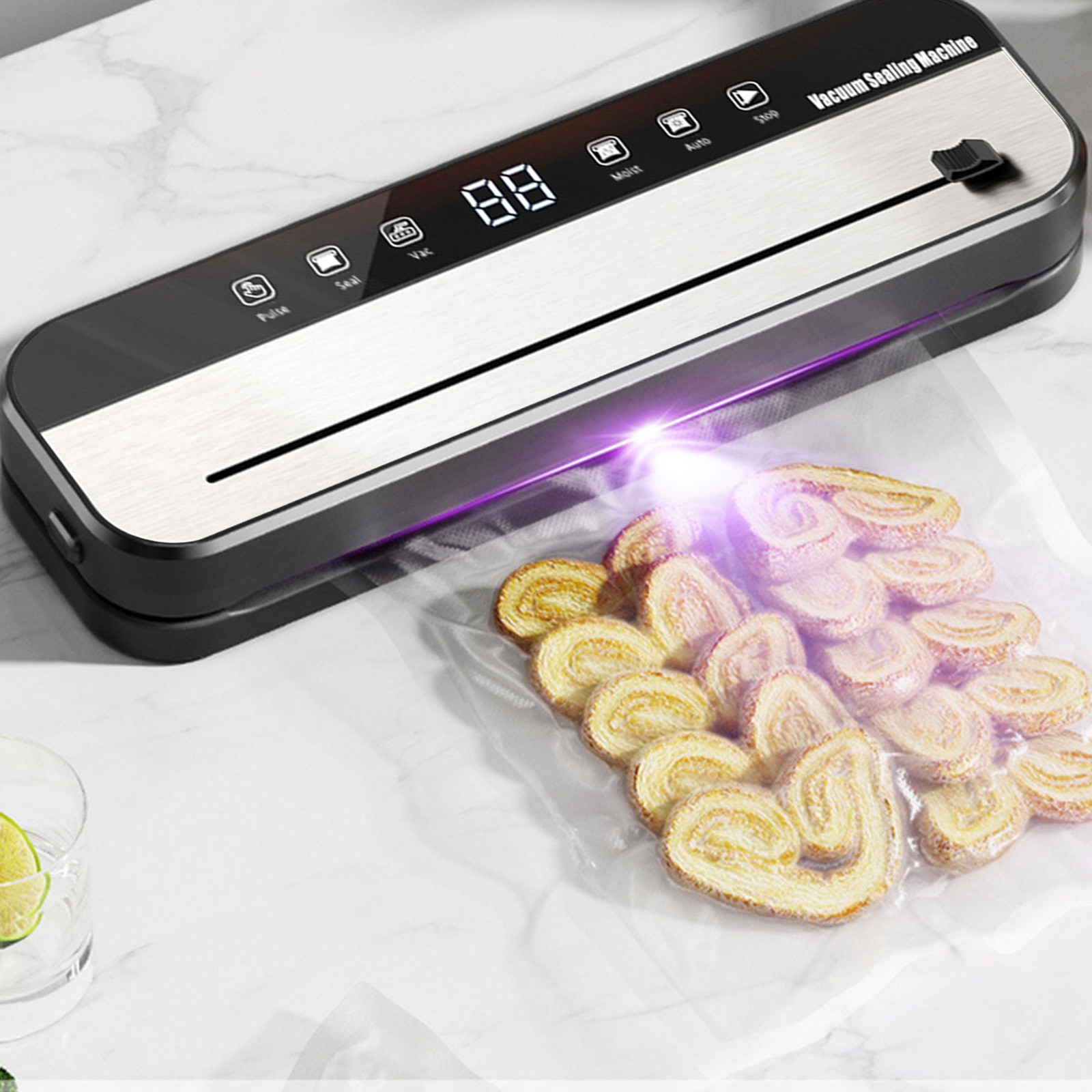 Vacuum Sealer Machine with Built-In Bag Cutter, Wet/Dry Modes and Container Hose Port, Stainless Steel Automatic Food Preserver with 100 Vacuum Bags for Home and Commercial Use