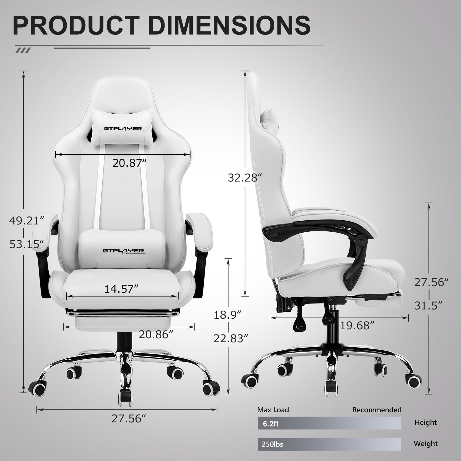GTPLAYER Fabric Gaming Office Chair with Footrest and Ergonomic Lumbar Massage Pillow, Light Gray