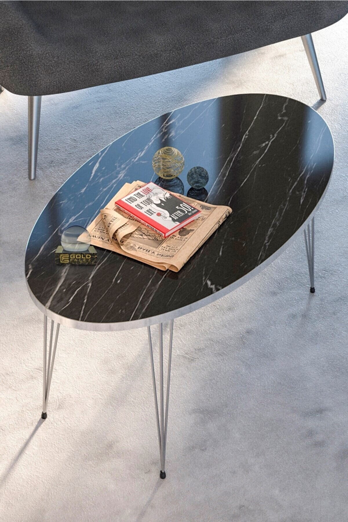Black Marble Oval Coffee Table with 3-Rod Metal Legs,Black Marble ...